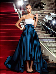 A-line Princess Strapless Asymmetrical Satin Evening Dress inspired by Marion Cotillard