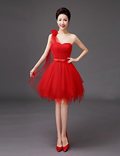 Knee-length Tulle Bridesmaid Dress-Ruby / Lilac / Champagne / Silver / Sky Blue A-line One Shoulder